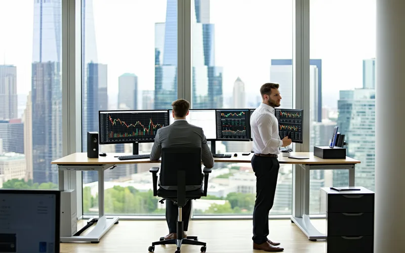 Modern Chicago office workspace with city skyline view, two professionals reviewing financial data on monitors
